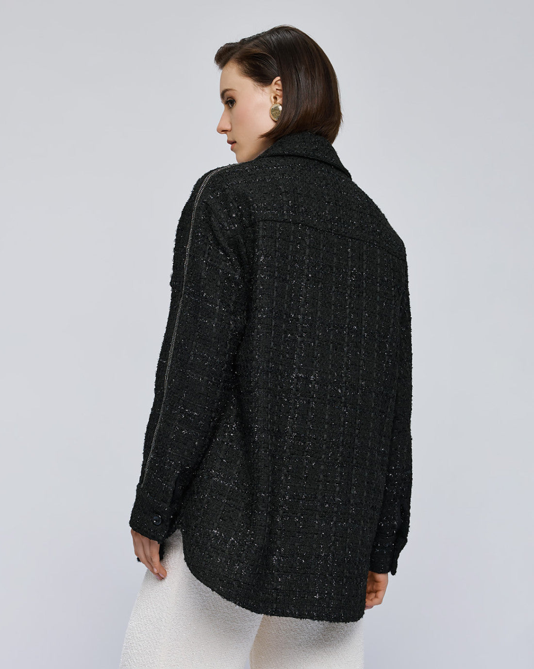 Access Fashion Black Boucle Tweed Long Shacket with Embellishment