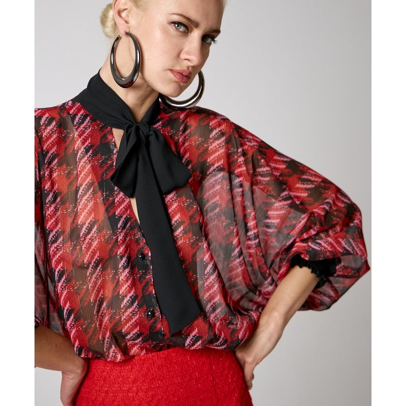 Access Fashion Red/Pink Pussy Bow Tie Neck Oversized Shirt, 34-7038