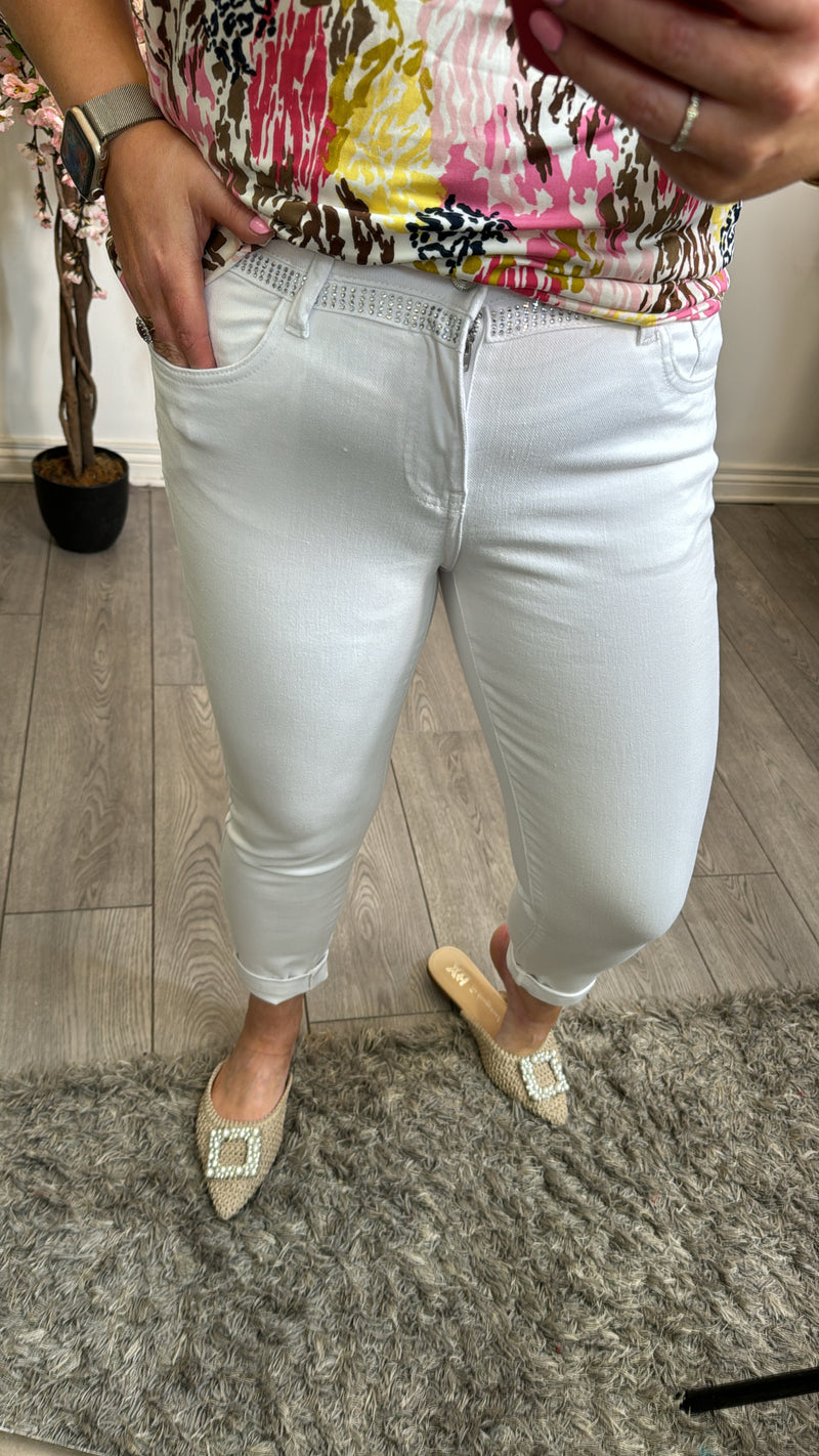 Toxik Highwaisted Boyfriend White Cropped Embellished Jeans