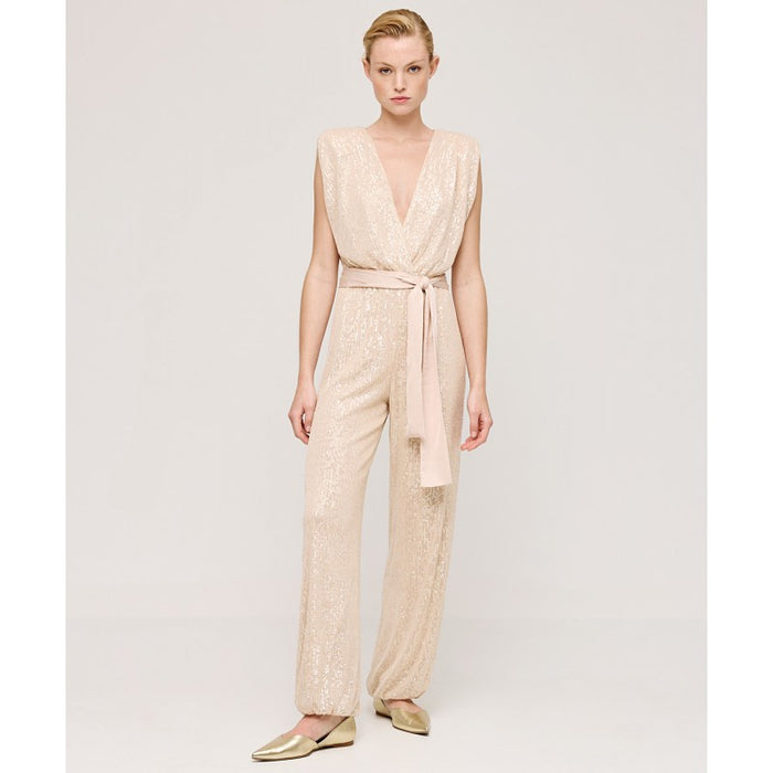 Access Fashion Sand Champagne Sequin Jumpsuit with Satin Belt, 43-5519