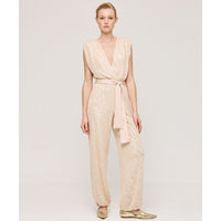 Access Fashion Sand Champagne Sequin Jumpsuit with Satin Belt, 43-5519