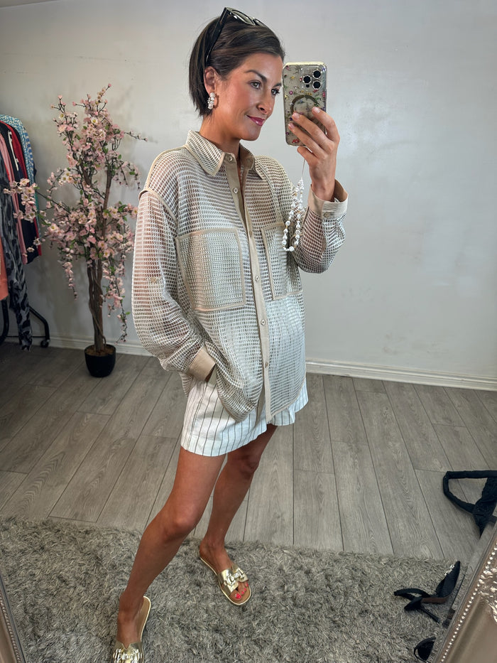 Access Fashion Beige Oversized Longline Mesh Shirt