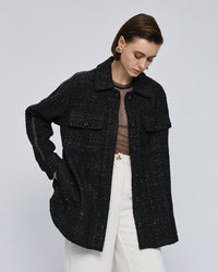 Access Fashion Black Boucle Tweed Long Shacket with Embellishment