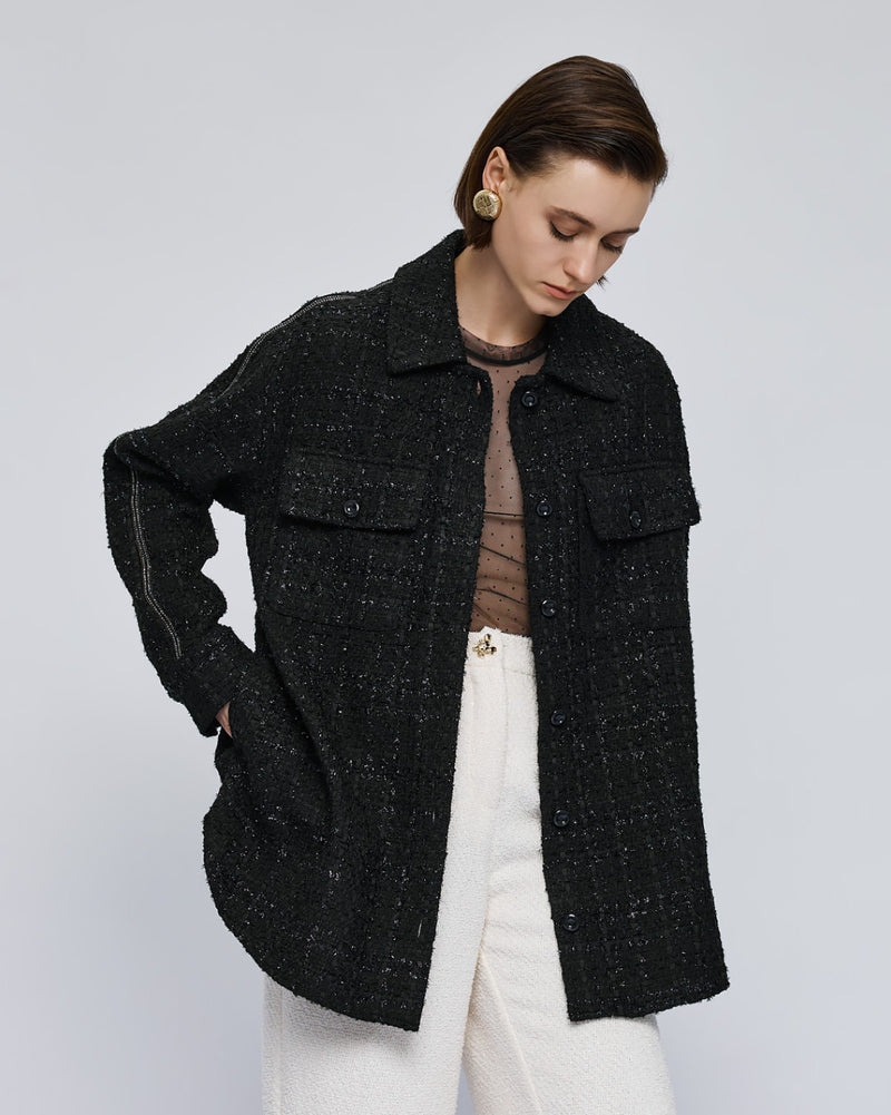 Access Fashion Black Boucle Tweed Long Shacket with Embellishment