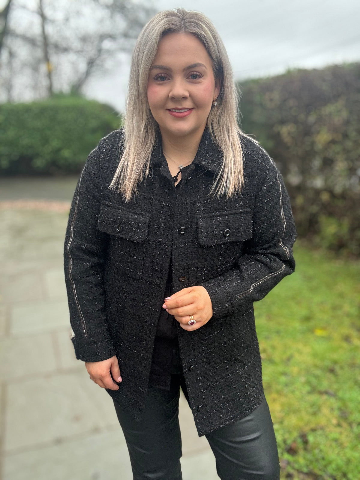 Access Fashion Black Boucle Tweed Long Shacket with Embellishment