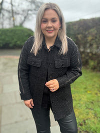 Access Fashion Black Boucle Tweed Long Shacket with Embellishment