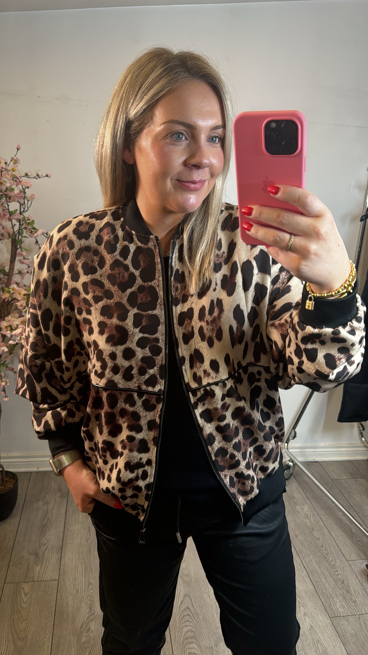 Access Fashion Leopard Bomber with Faux Leather Trim