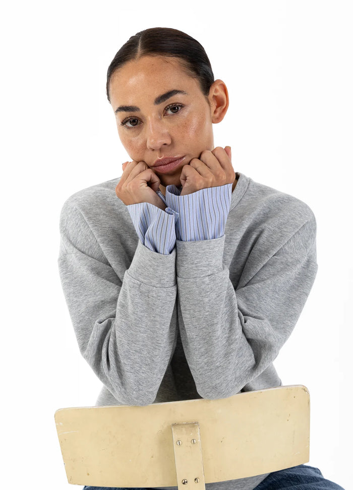 Coster Copenhagen Grey Melange Modal Sweatshirt with Striped Detachable Cuffs