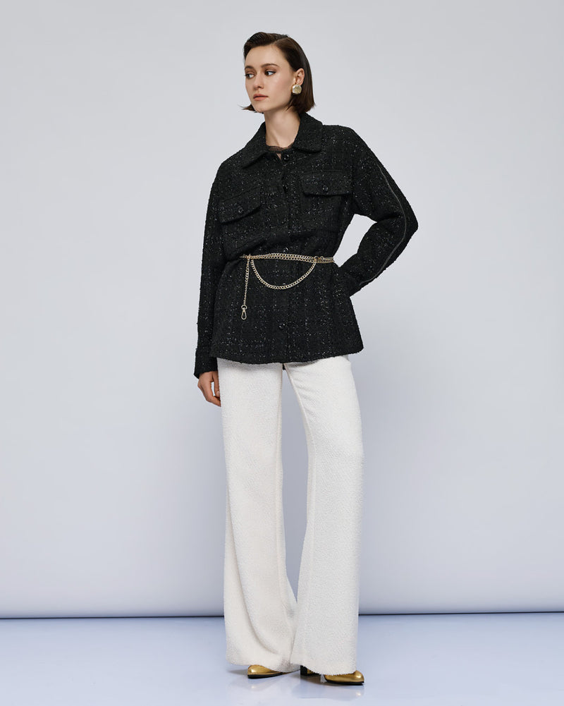Access Fashion Black Boucle Tweed Long Shacket with Embellishment