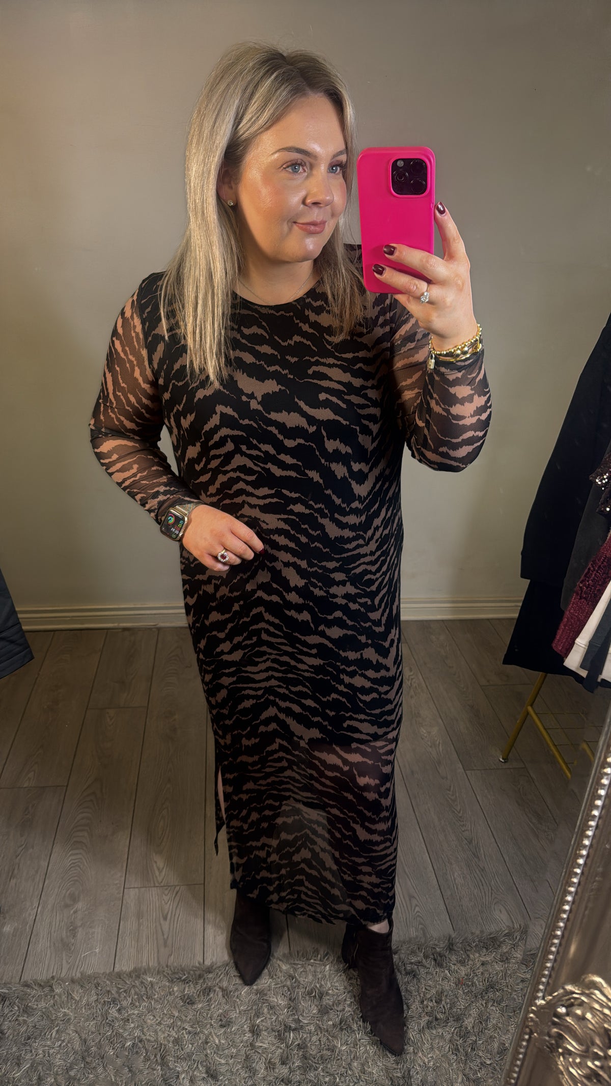 Saint Tropez Zulvir Black/Chocolate Abstract Printed Mesh Midi Dress, 30513971