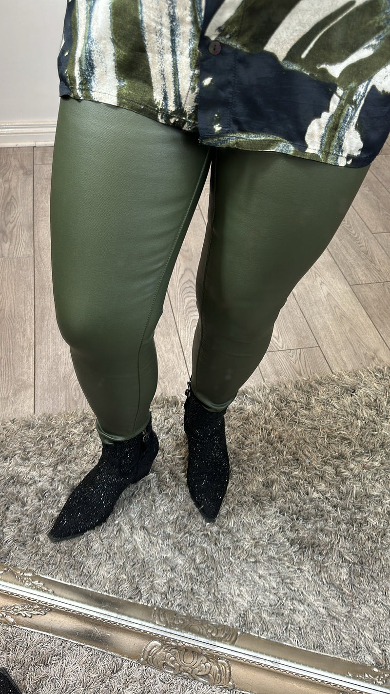 Toxik Khaki Green Highwaisted Bum Lift Matte Coated Jeans, H2545