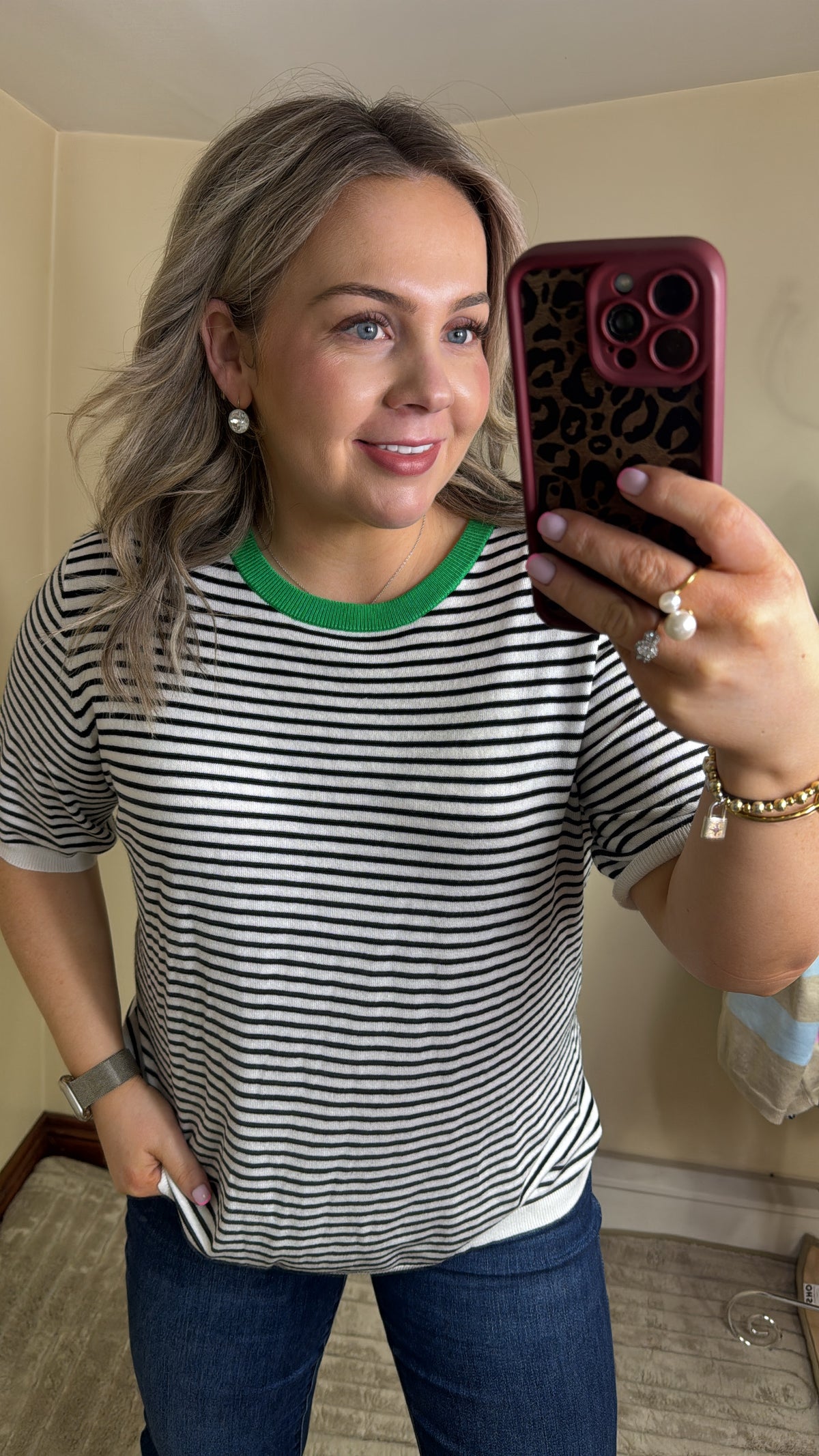 Kaffe Kalizza Black/Chalk Striped Knit with Green Trim