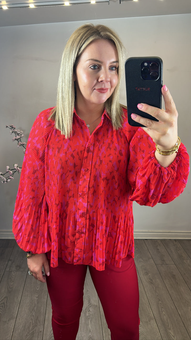 InWear Desdra Red Plisse Abstract Printed Oversized Blouse, 30108151