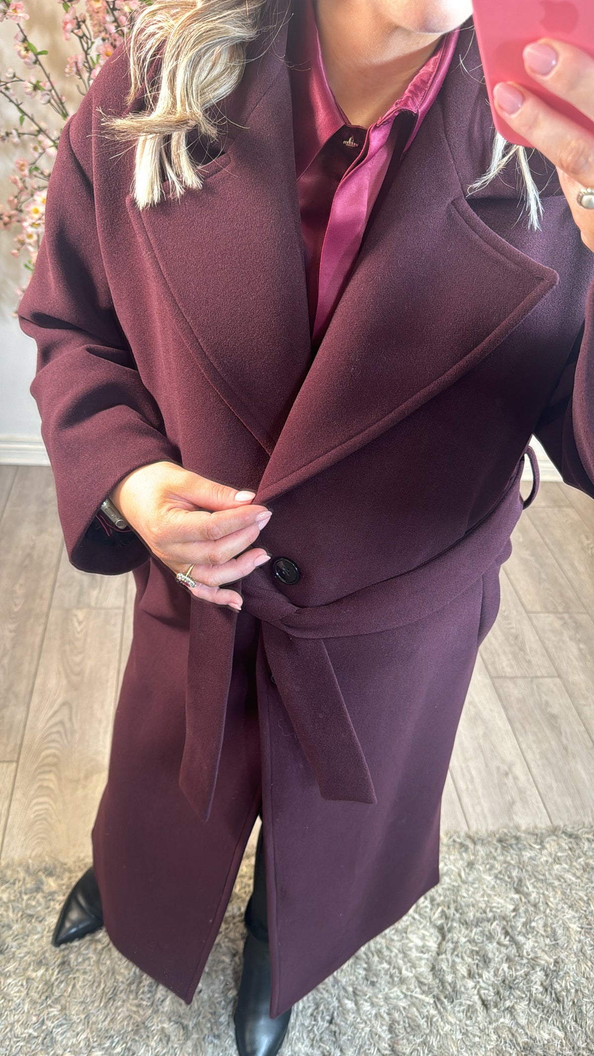 Access Fashion Bordeaux Long Coat with Tie Belt, 44-9026