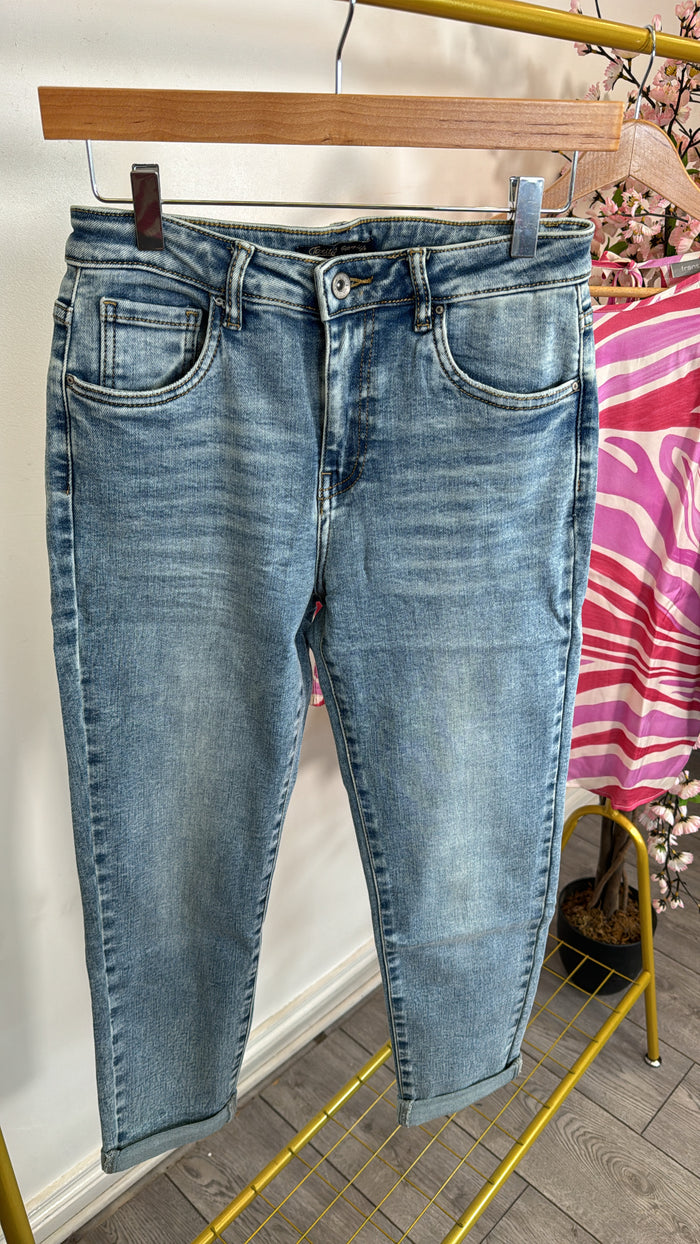Toxik Highwaisted Boyfriend Acid Wash Denim Cropped Jeans
