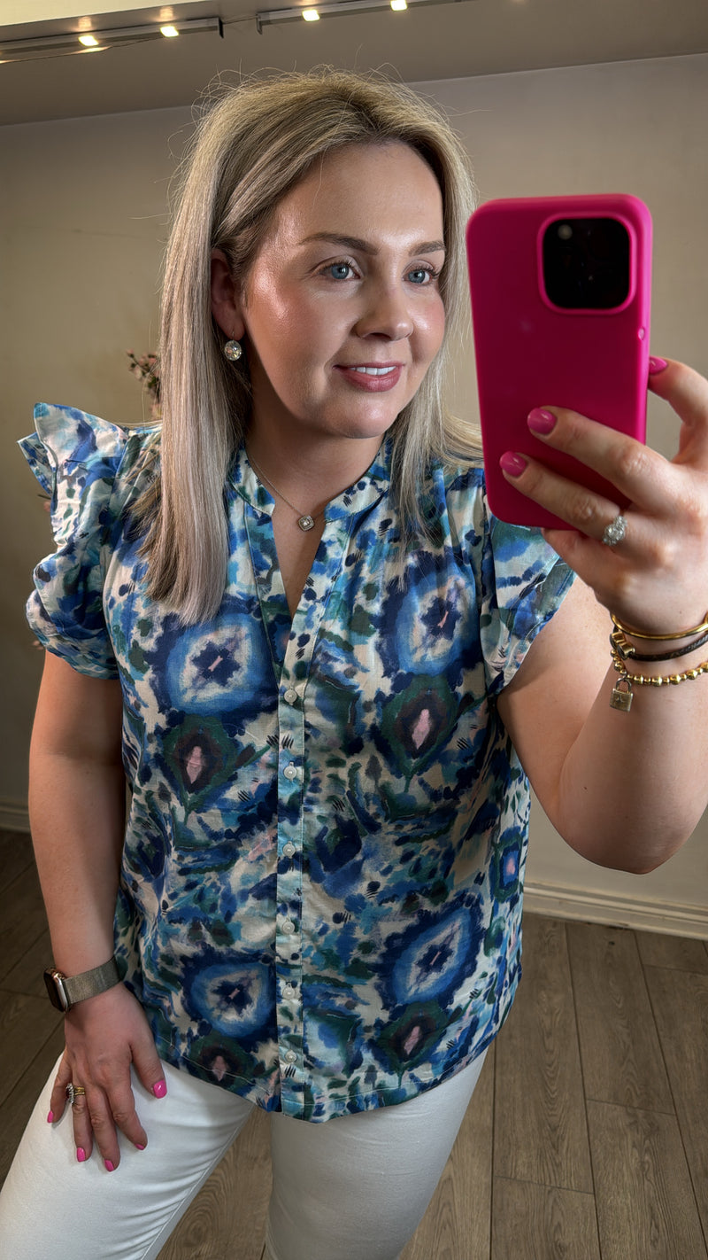 Garcia Blue Wave V-Neck Blouse with Ruffle Shoulders
