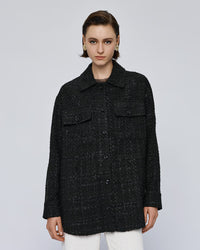 Access Fashion Black Boucle Tweed Long Shacket with Embellishment