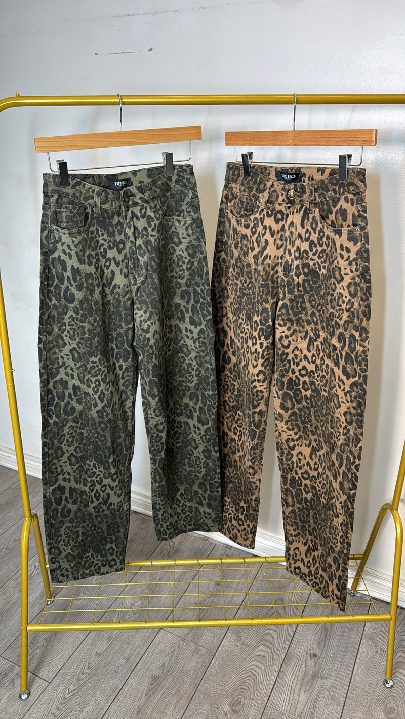 Toxik Highwaisted Wide Leg Khaki Leopard Jeans, H2470