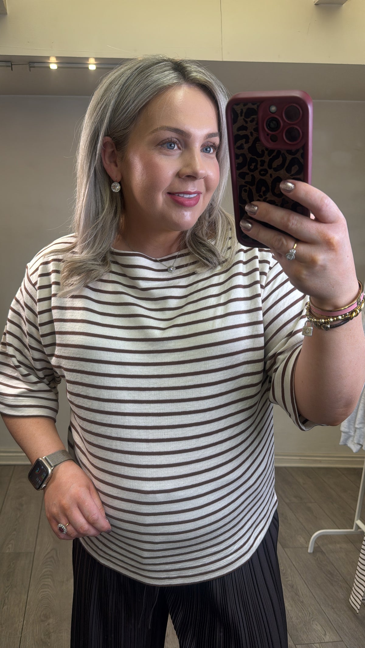 Soaked In Luxury Ingina White/Cappucino Striped Boat Neck Sweatshirt T-Shirt