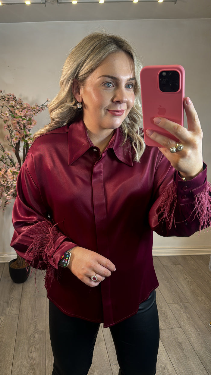 Access Fashion Bordeaux Satin Shirt with Detachable Feather Cuff Trim, 44-7044