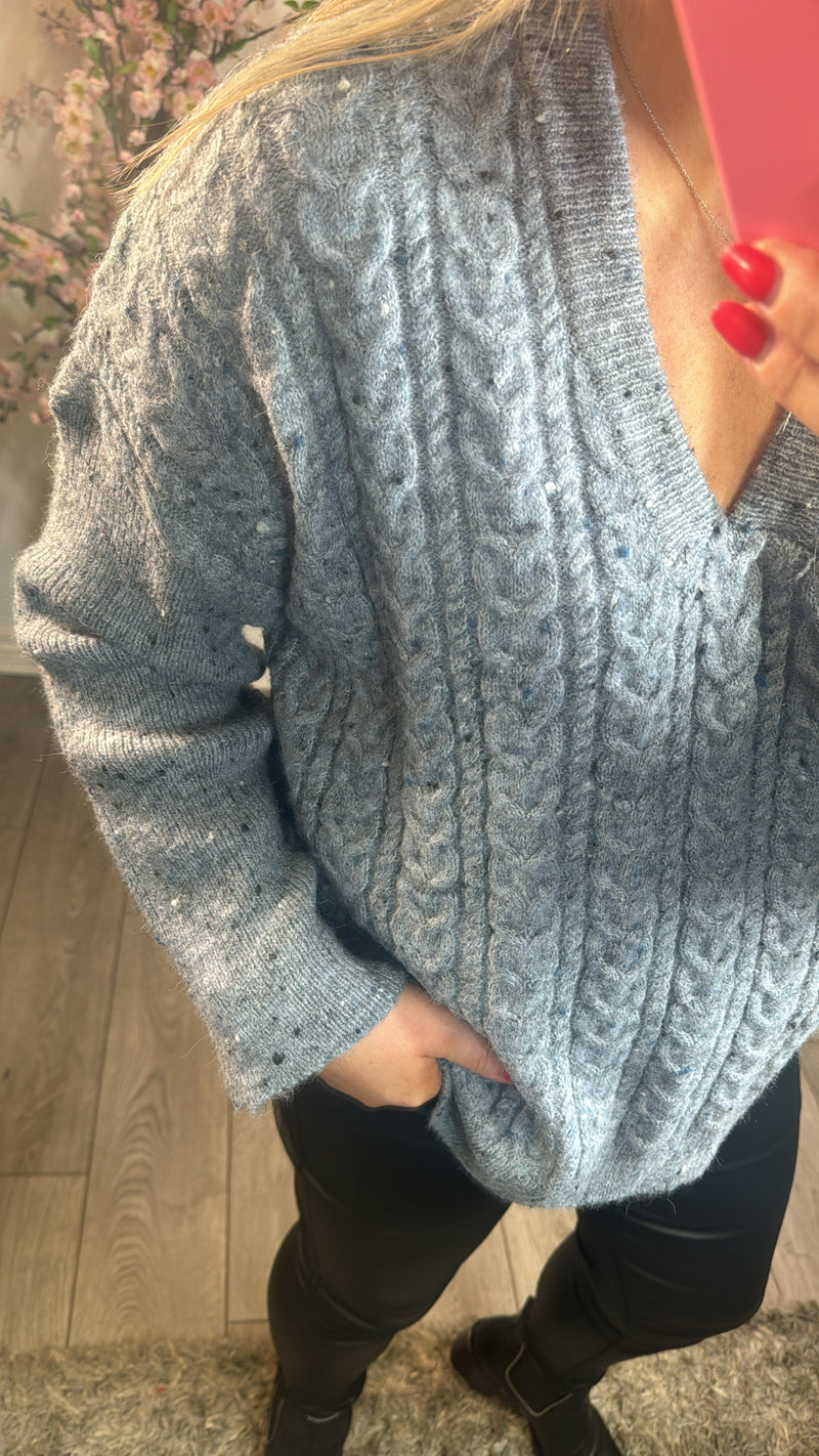 B.Young Bynata Dusty Blue Melange V-Neck Oversized Knit, 20815278