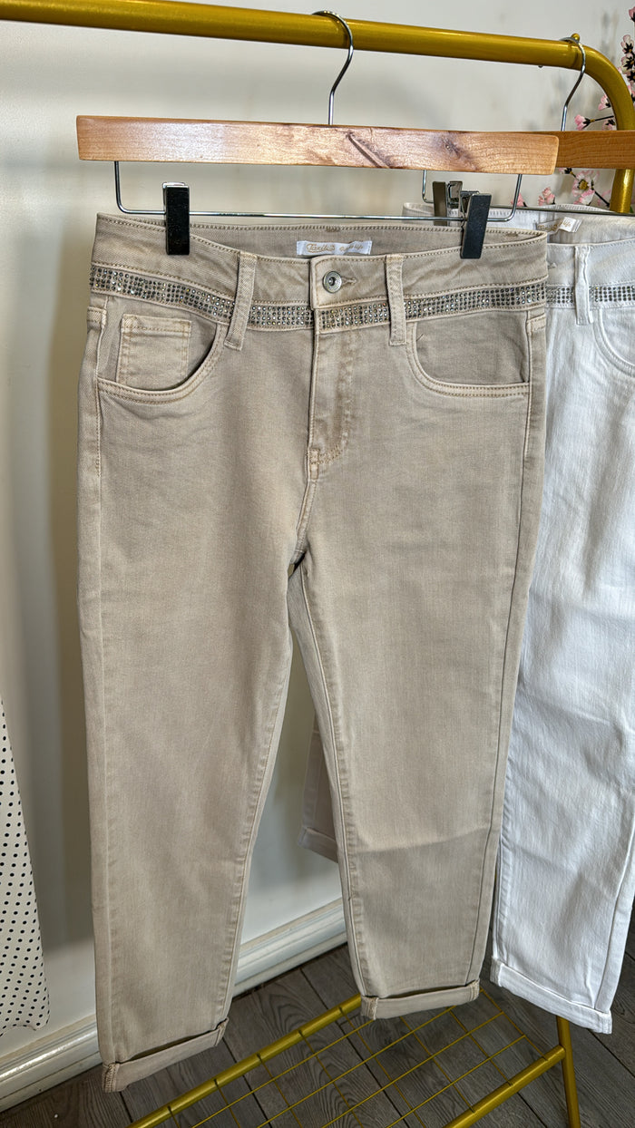 Toxik Highwaisted Boyfriend Stone Beige Cropped Embellished Jeans