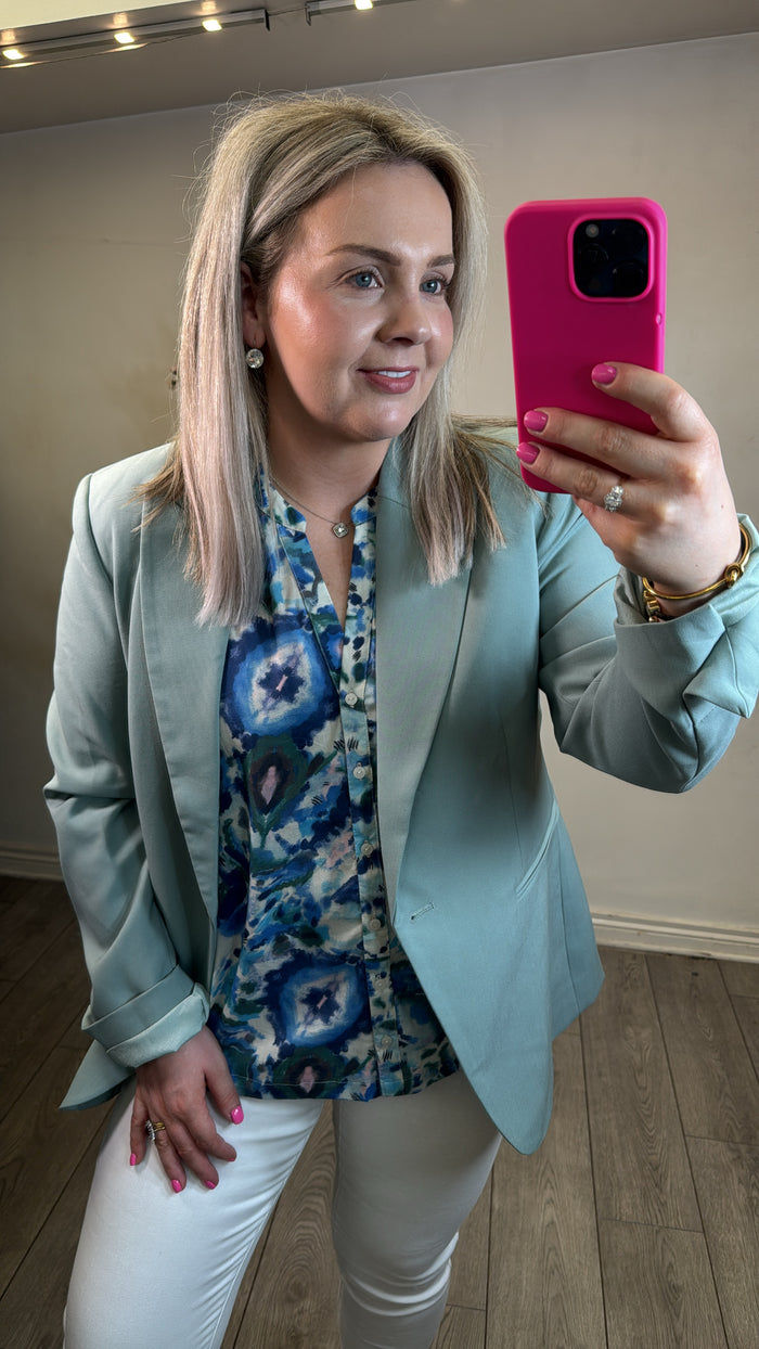 Garcia Blue Wave V-Neck Blouse with Ruffle Shoulders