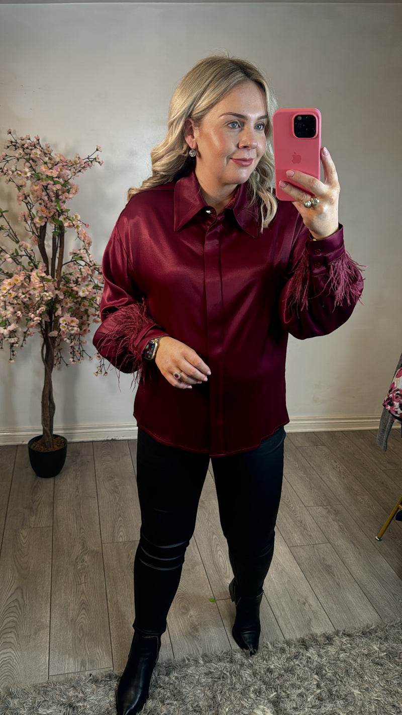 Access Fashion Bordeaux Satin Shirt with Detachable Feather Cuff Trim, 44-7044