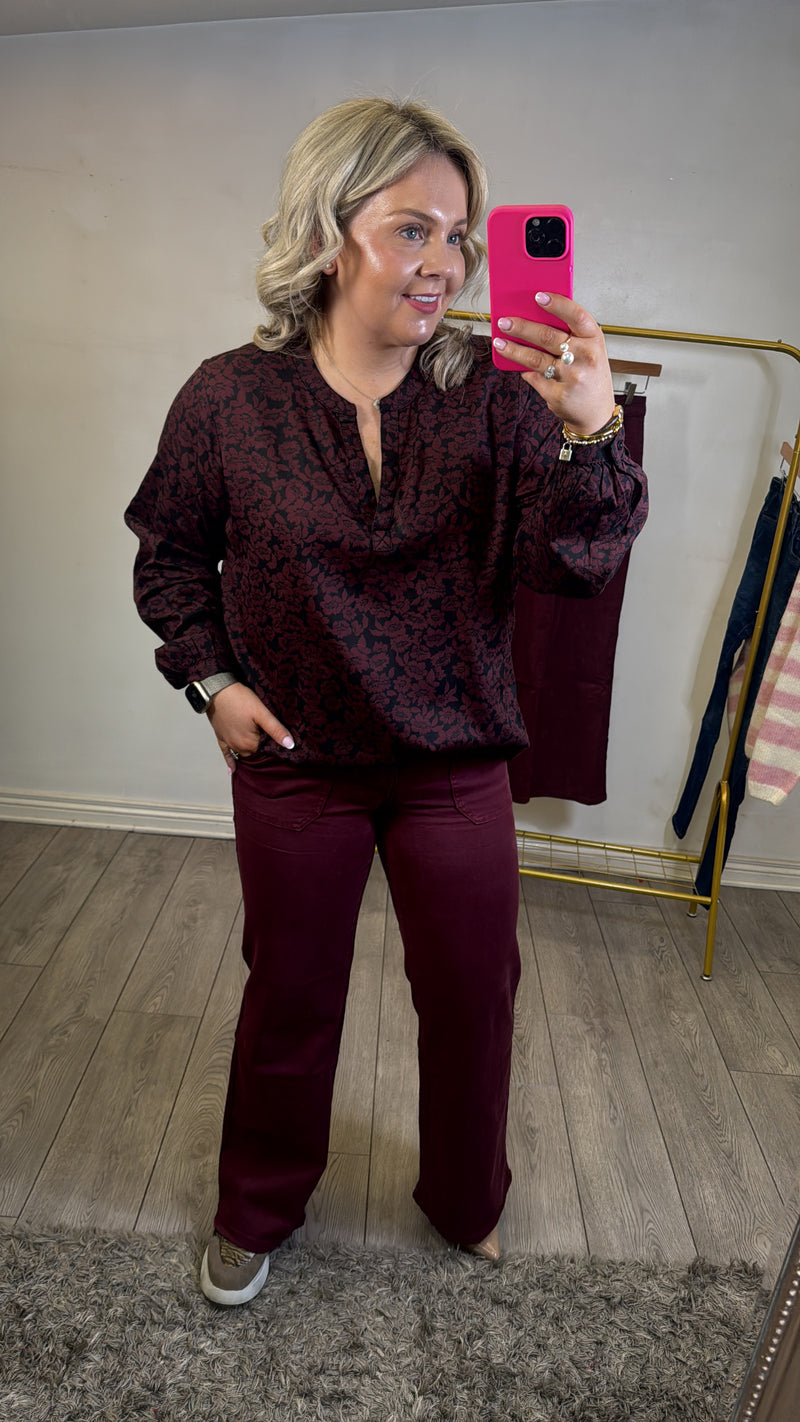 Toxik Highwaisted Burgundy Wide Leg Flared Jeans