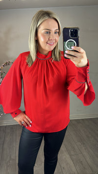 Access Fashion Lady in Red High Neck Blouse with Rhinestone Embellishment, 34-2209