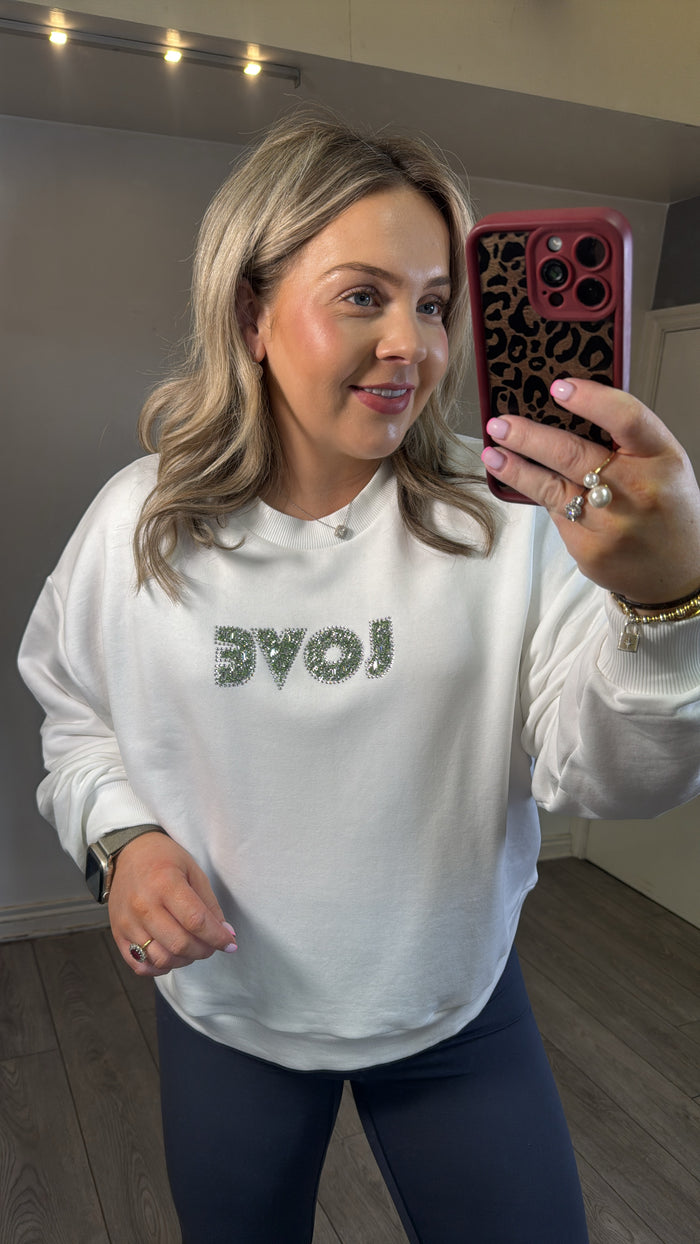 Kaffe Kalila Chalk 'LOVE' Embellished Logo Oversized Sweatshirt, 10511411