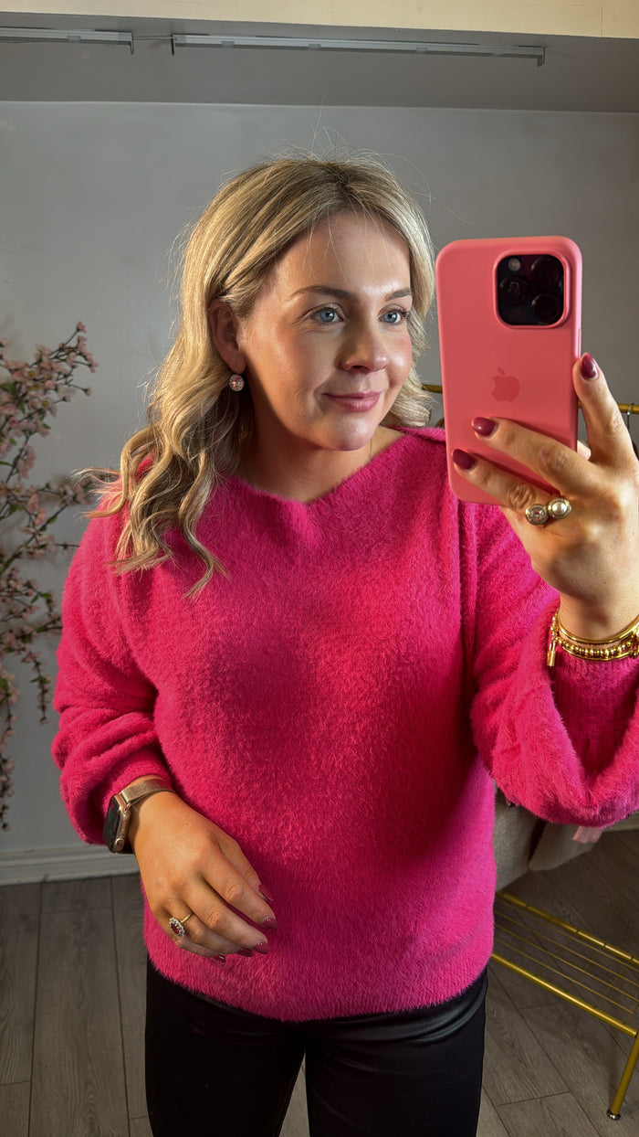 Garcia Bright Rose Pink Knitted Fluffy Boat Neckline Jumper, V40254