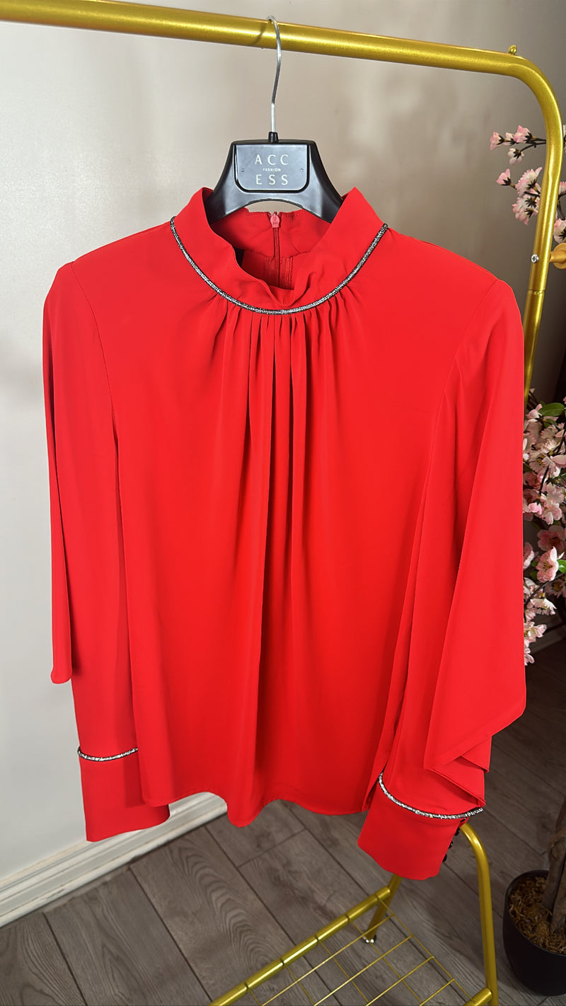 Access Fashion Lady in Red High Neck Blouse with Rhinestone Embellishment, 34-2209