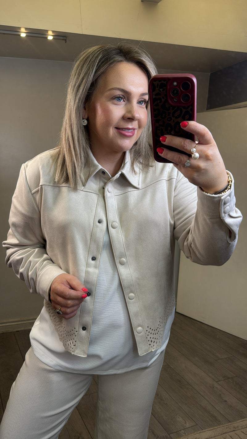 B.Young ByTomira Beige Laser Cut Shirt Jacket