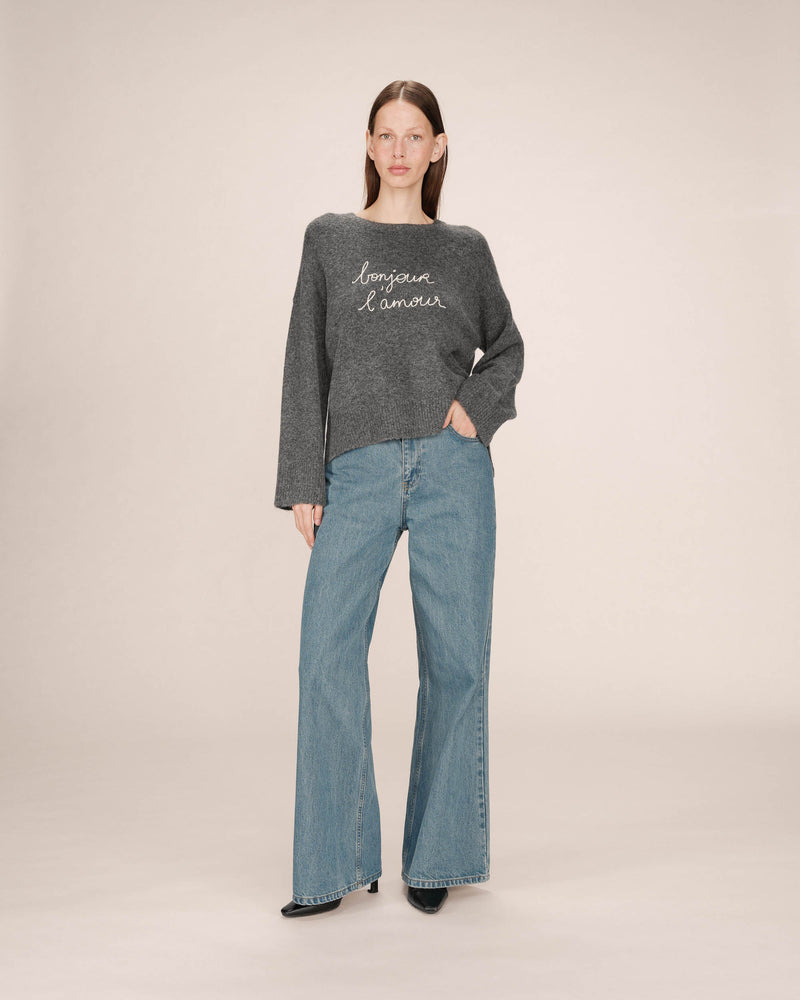 Grace & Mila Saints Anthracite Grey 'BONJOUR L'AMORE' Cream Embroidered Knit