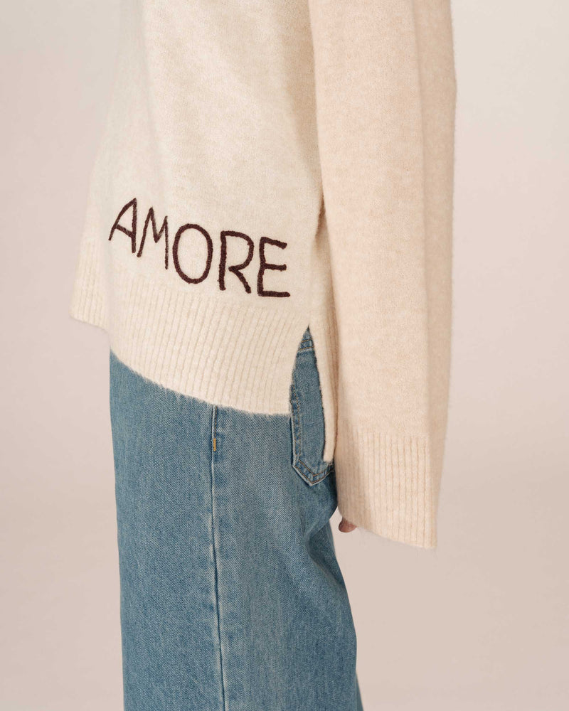 Grace & Mila Saints Oatmeal Beige 'AMORE' Chocolate Embroidered Knit