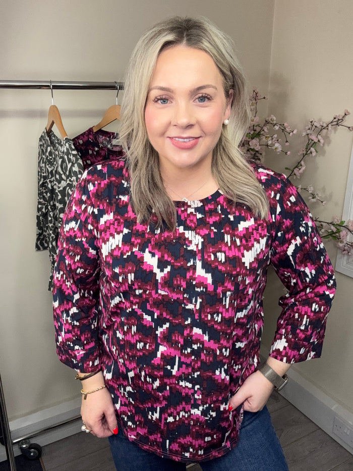Fransa FrSeen Very Berry Abstract Print 3/4 Sleeve Top, 20617416