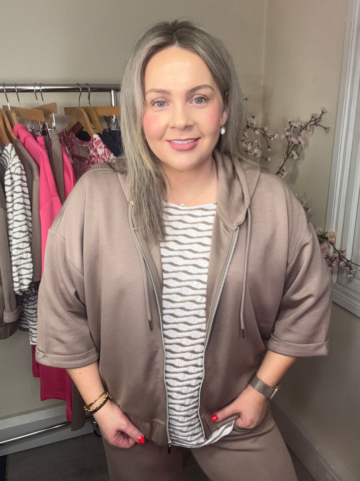 Fransa FrAurora Modal Taupe 3/4 Sleeve Zip Hoodie, 20617574