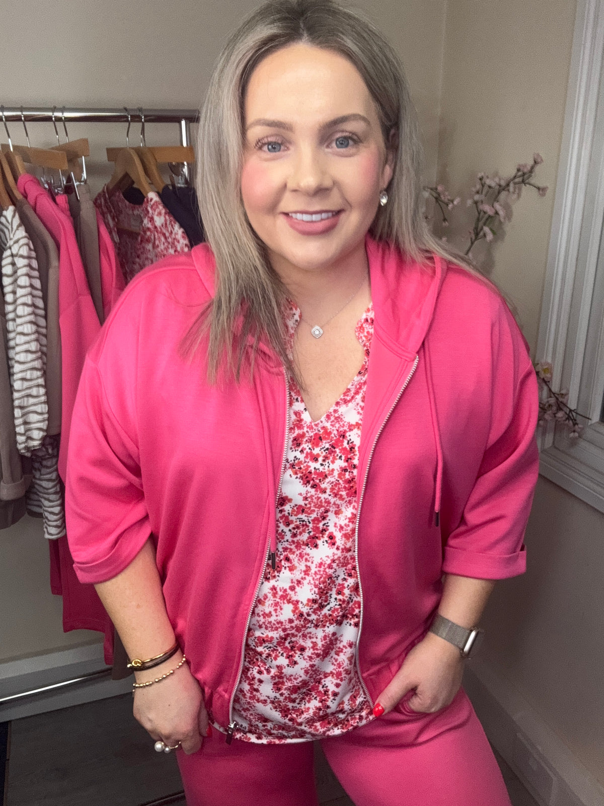 Fransa FrAurora Modal Honeysuckle Pink 3/4 Sleeve Zip Hoodie, 20617574