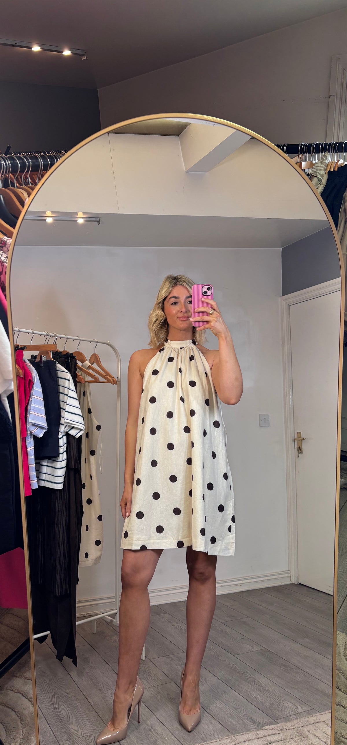 Grace & Mila Warna Ecru Linen Blend Chocolate Polka Dot Short Dress