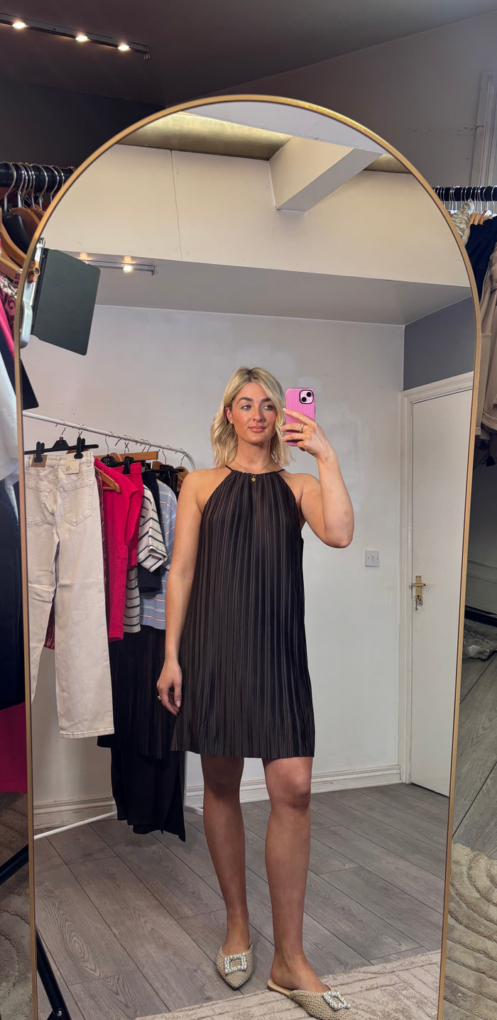 Grace & Mila Wilona Chocolate Brown Halterneck Plisse Short Dress