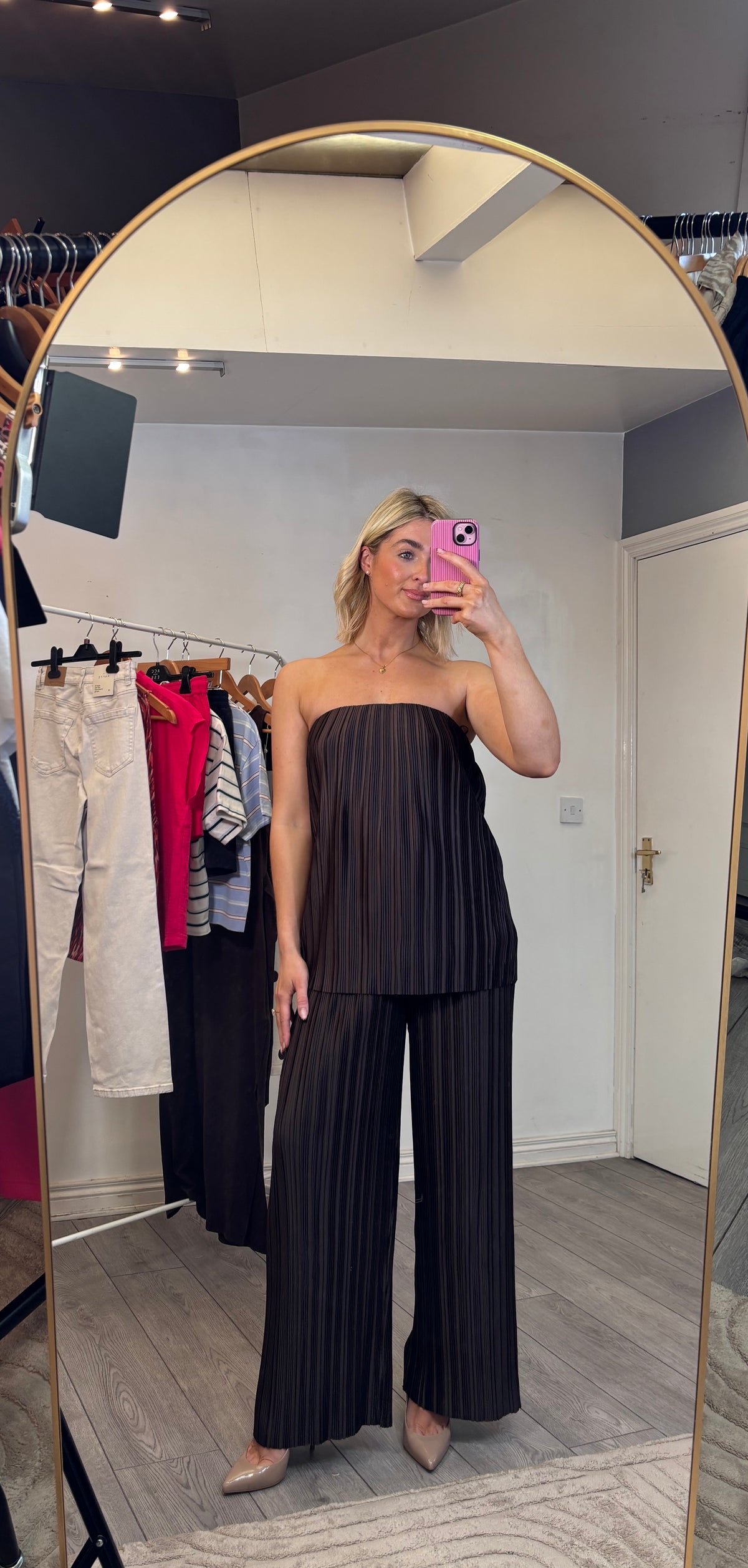 Grace & Mila Wonka Chocolate Brown Plisse Wide Leg Trousers 