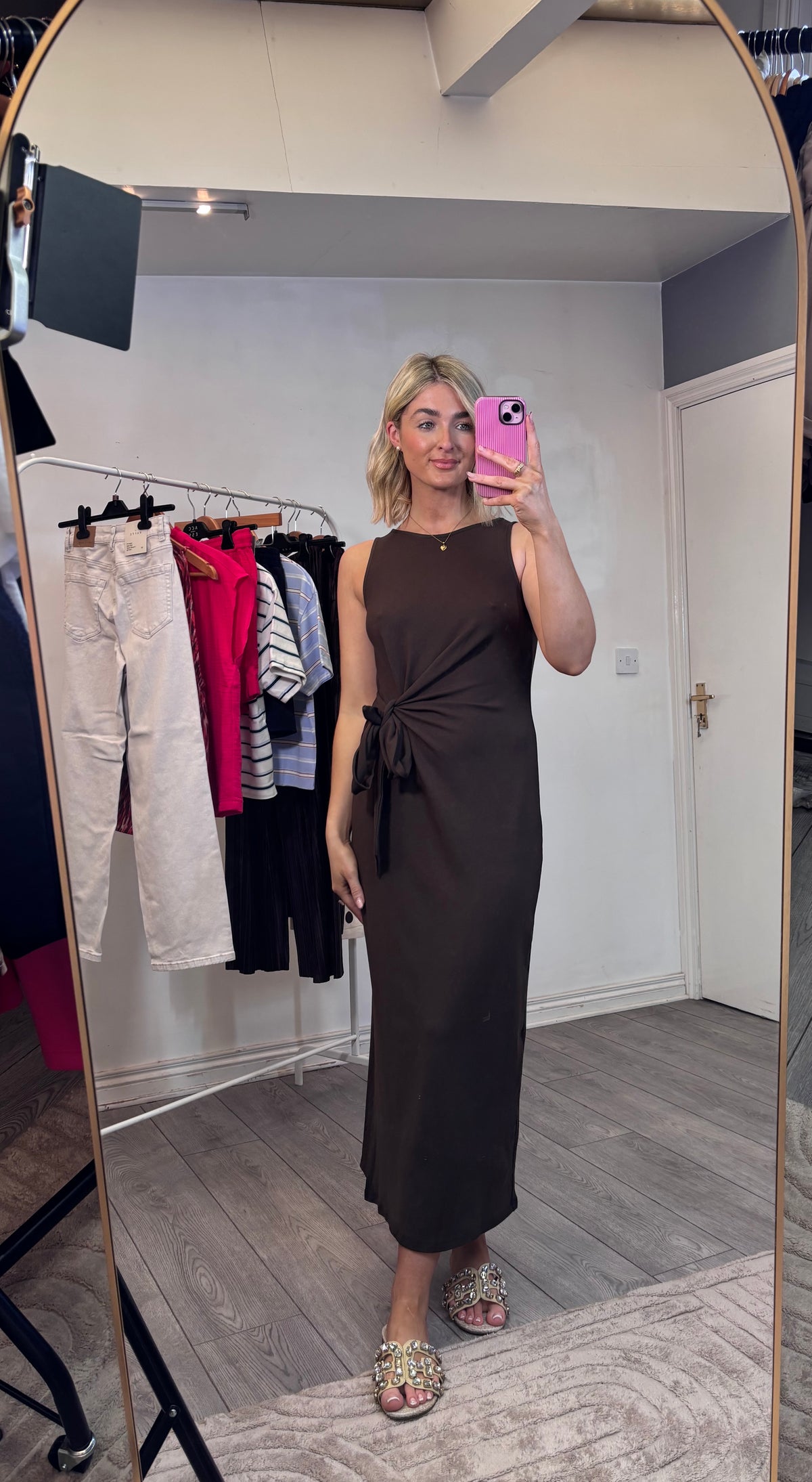 Grace & Mila Wyla Chocolate Brown Round Neck Tie Midi Dress