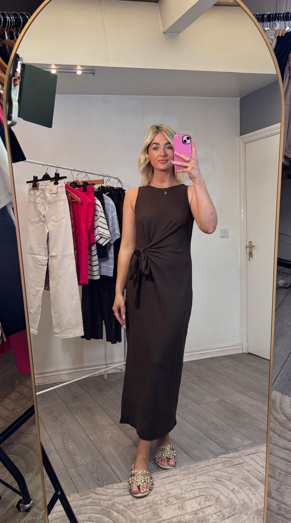 Grace & Mila Wyla Chocolate Brown Round Neck Tie Midi Dress