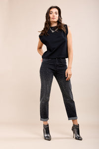 Toxik Highwaisted Boyfriend Charcoal Black Embellished Cropped Jeans