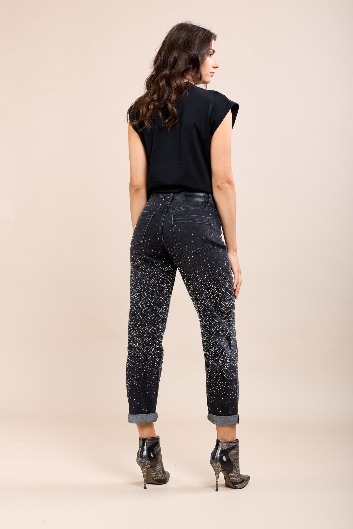 Toxik Highwaisted Boyfriend Charcoal Black Embellished Cropped Jeans