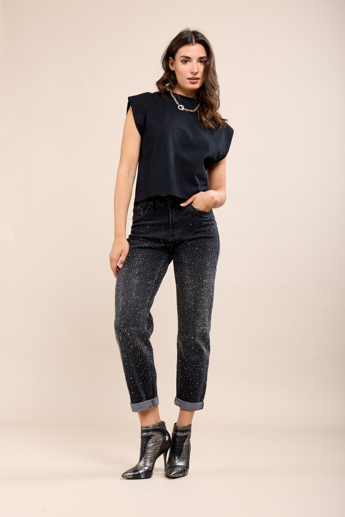 Toxik Highwaisted Boyfriend Charcoal Black Embellished Cropped Jeans