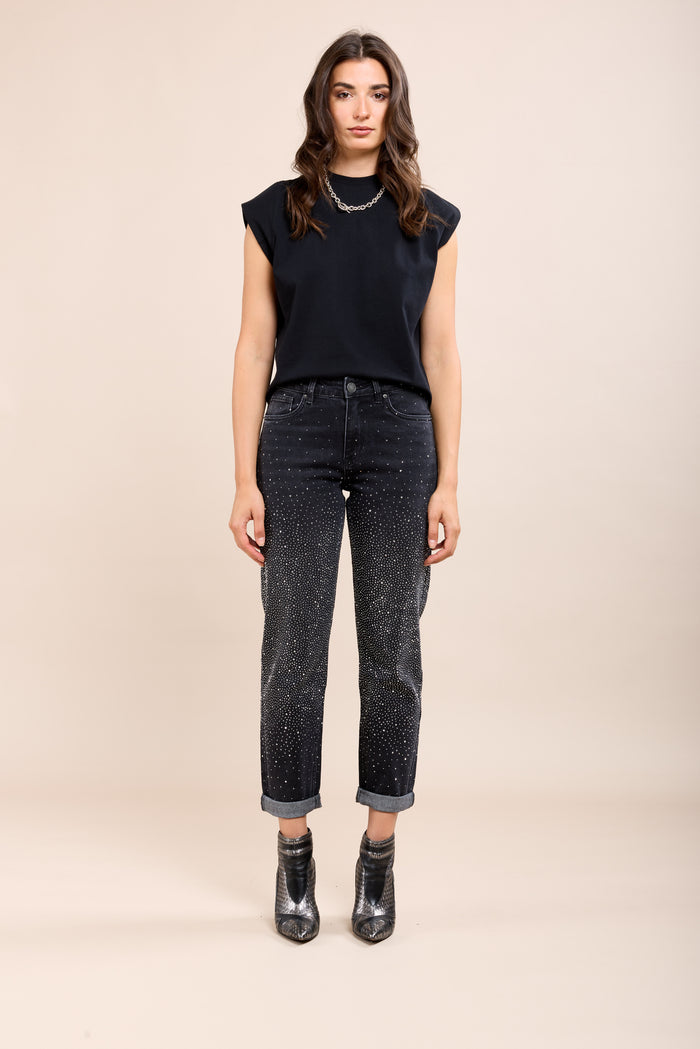 Toxik Highwaisted Boyfriend Charcoal Black Embellished Cropped Jeans
