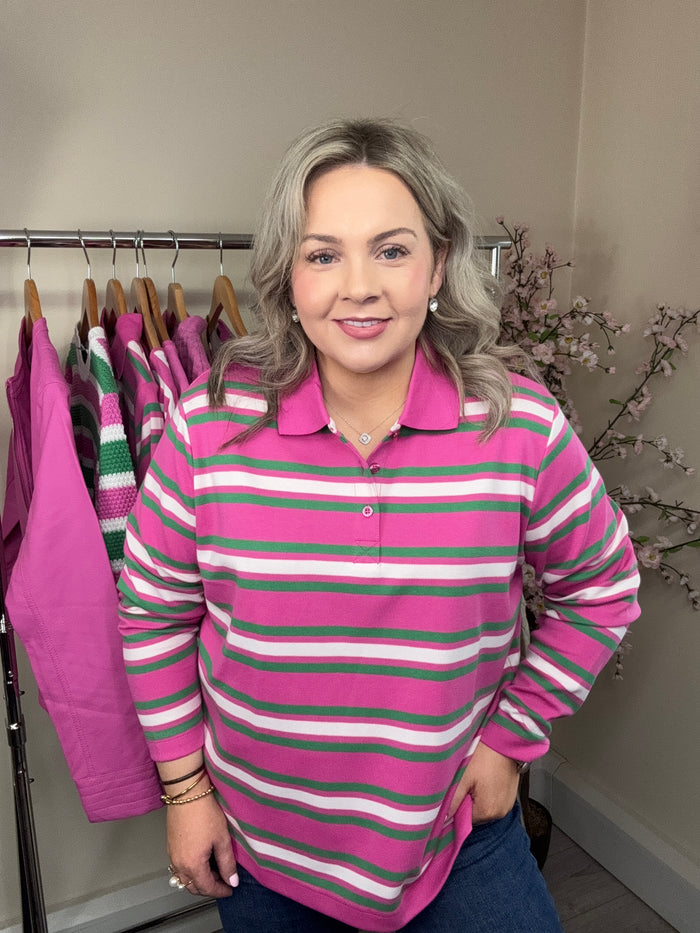 B.Young ByPelda Phlox Pink Multi Stripe Long Sleeve Polo Top, 20818403