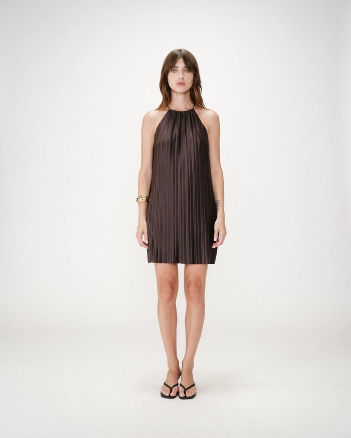 Grace & Mila Wilona Chocolate Brown Halterneck Plisse Short Dress
